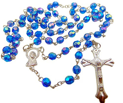 First Communion Rosary Blue Glass Beads Chalice Crucifix Protective Case
