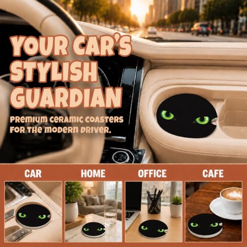 Black Cat Green Eyes Car Coasters, Dark Spooky Gothic Cup Holders, 16 - color: Black Cat Green Eyes