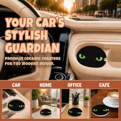 Black Cat Green Eyes Car Coasters, Dark Spooky Gothic Cup Holders, 16 - color: Black Cat Green Eyes