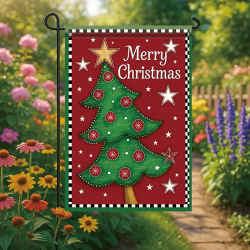 Christmas Garden Flag Merry Christmas Tree Star Red Background 12x18 Inch Double Sided Outdoor Yard Banner for Holiday Decoration Winter Seasonal Small Festive Home Decor. - color: Christmas Tree Star Red Background