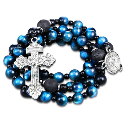 Huwena Rosary Beads Catholic for Men Blue Necklace Tiger Eye Beads with Medal Cross Prayer Crucifix Handmade Gift Supplies for Men Women 20.87 in Our Lady of Grace Rosary Cross Necklace Catholic Gifts