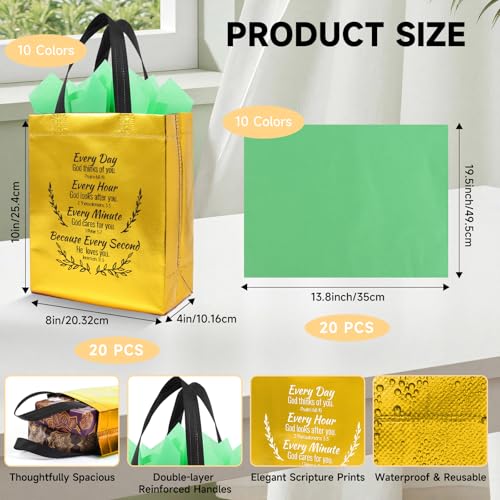 LUAVIARU 40 Pcs Bible Verse Christian Gift Bags Set – 20 Gold Reusable Gift Bag with Handles & 20 Tissue Paper, Religious Gift Bag for Church Events, Baptism, Easter, Communion, Congratulations - color: Golden, size: 20