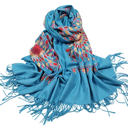 Urban CoCo Embroidered Scarf for Women, Tassel Shawl, Soft Lightweight Wrap - color: Blue