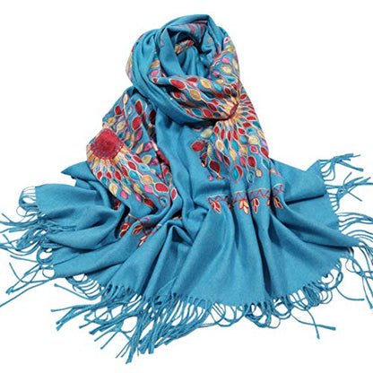 Urban CoCo Embroidered Scarf for Women, Tassel Shawl, Soft Lightweight Wrap - color: Blue