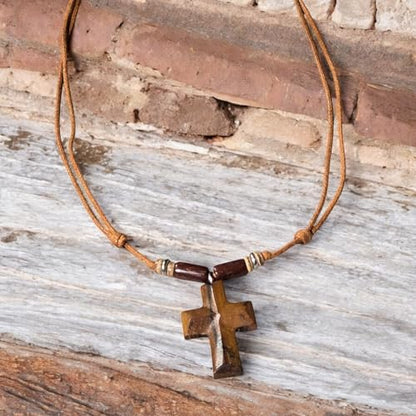BlueRica Hand Carved Wood Cross on Adjustable Light Brown Cord Necklace