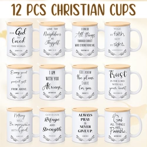 Didaey 12 Sets Christian Gifts Bulk Religious Coffee Mugs 12oz Bible Verses White Ceramic Cup with Lid Handle Spoon Inspirational Mug Church Gift for Men Coworker Employee Staff(Christian) - style: Christian