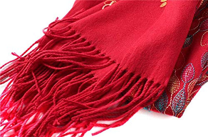 Urban CoCo Embroidered Scarf for Women, Tassel Shawl, Soft Lightweight Wrap - color: Red