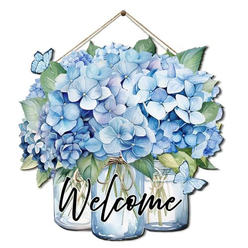 COLOR VALLEY ART Welcome Sign for Front Door, Wooden Hanging Decor Exterior Welcome Signs, Porch Decorations Indoor, Wreath Door Hanger, Fall Decorations for Home (Blue-11.4L''x11.4W'') - color: Blue-11.4L''x11.4W''