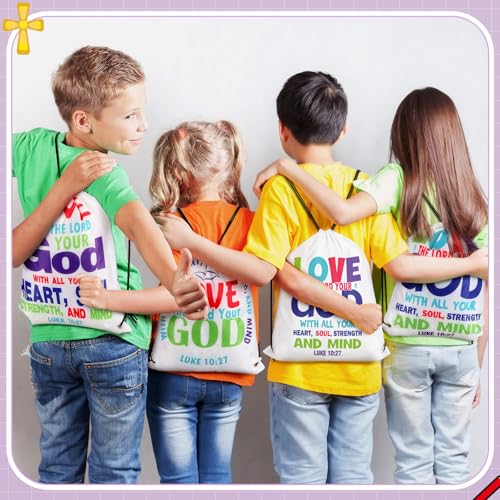 24 Pcs Christian Bags Religious Drawstring Bags Love Your God Vbs Drawstring Backpacks Bulk Large Religious Gifts for Sunday School Church Graduation Themed Party Favors - style: Love Your God
