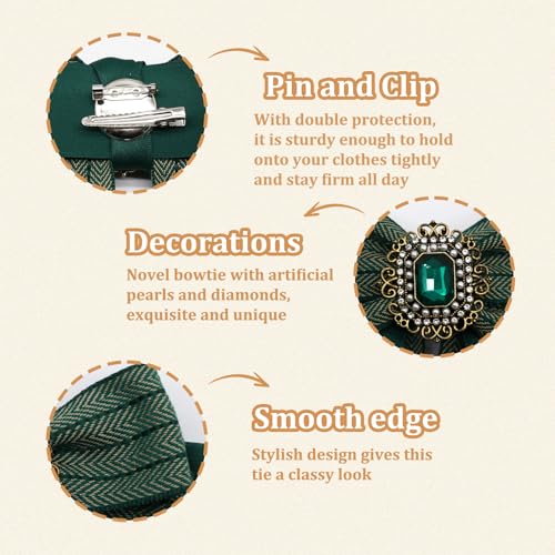 Womens Bow Tie Adjustable Rhinestone Bowtie for Women Ladies Girls Pre-tied Womens Tie for Shirt Suit Uniform - color: Green-brooch