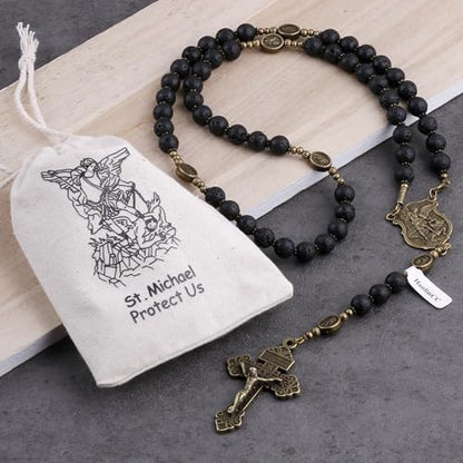 HanlinCC Black Lave Stone Beads Saint Michael Catholic Rosary Necklace with Gift Bag - color: Anti-Bronze
