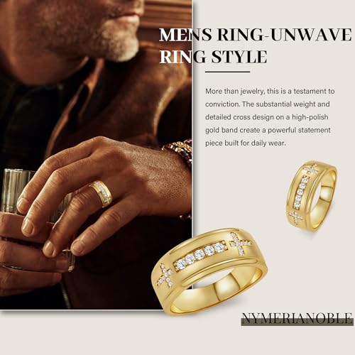 Mens Wedding Band, 18K Gold Plated Rings Non Tarnish Promise Rings For Him Lord's Prayer Cross Ring Father in Law Gifts Round Cut Anniversary Engagement Size 7-14 - size: 11
