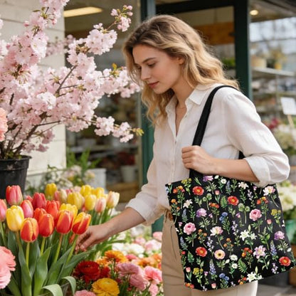 2 Pack Canvas Tote Bag with Makeup Zipper Pouch Colorful Polyester Printed Reusable Shopping Bags for Women - style: Black Flower