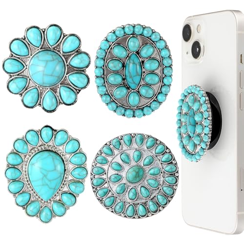 Zonon 4 Pieces Turquoise Western Phone Grip Charm Teardrop Flower for Holder Ring Expandable Collapsible Phone Stand for Smartphones and Tablets(Classic Style)