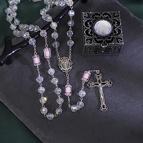KOMI Rosary Beads Catholic for Women Gemstone Rosary Beads Necklace with Crucifix Cross Crystal Pearl Rosary Rosarios Catolicos Catholic Gifts - style: White rosary with box