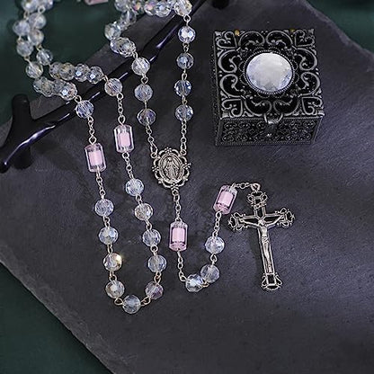 KOMI Rosary Beads Catholic for Women Gemstone Rosary Beads Necklace with Crucifix Cross Crystal Pearl Rosary Rosarios Catolicos Catholic Gifts - style: White rosary with box
