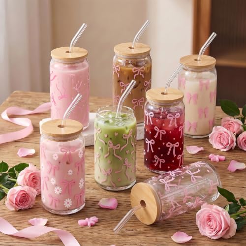 Drinking Cups with Lids, 12Pack, Glass, 16oz, Iced Coffee Coquette - style: 12Pcs Pink Bow