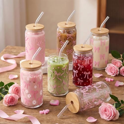 Drinking Cups with Lids, 12Pack, Glass, 16oz, Iced Coffee Coquette - style: 12Pcs Pink Bow