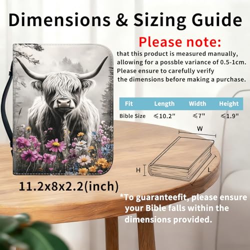Bible Cover for Women Large PU Leather Zippered Bible Case with Handle and Flower Highland Cattle Design, Christian Bible Cover for Girls & Women, Cover Fits Standard 9.5"x7.5"x2.3" Bible - color: Flower Highland Cattle