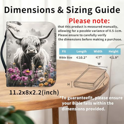 Bible Cover for Women Large PU Leather Zippered Bible Case with Handle and Flower Highland Cattle Design, Christian Bible Cover for Girls & Women, Cover Fits Standard 9.5"x7.5"x2.3" Bible - color: Flower Highland Cattle