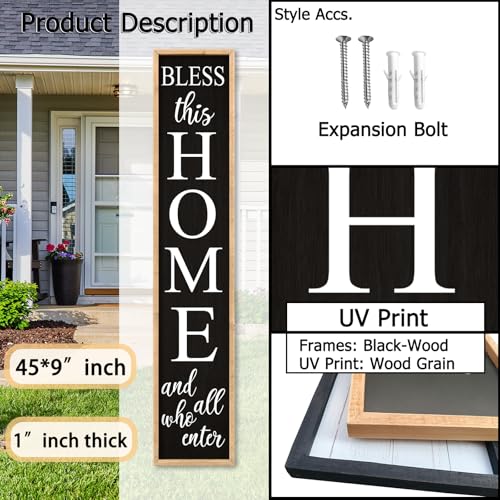 Welcome Sign for Front Door, Wood Black, 45"X9" - color: Bless this Home And All Who Enter(Wood Black)