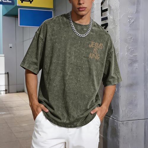 Christian Jesus is King Shirts Men God Religious Faith Bible Verse Tshirts Oversized Vintage Graphic Acid Wash Tees - color: Army Green, size: X-Small