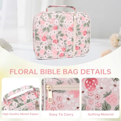 Bible Bag Cover Case for Women Study Supplies Kit Church Book Holder - color: Strawberry Garden