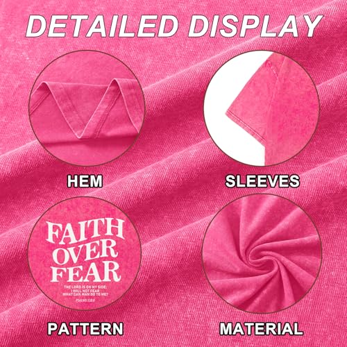 Christian Faith Over Fear Shirt for Men Jesus Religious Shirts Oversized Graphic Tees Acid Wash God T-Shirt - color: Pink, size: Small