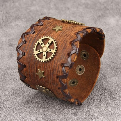 GelConnie Punk Leather Cuff Bracelet Adjustable Straps Wrap Bracelets Arm Armor Cuff Gothic Leather Wristbands for Men, Women - color: MLPB108-Brown