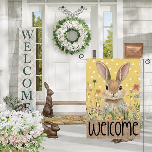 AVOIN colorlife Yellow Spring Easter Bunny Welcome Garden Flag 12x18 Inch - color: Yellow, size: Garden Size-12 x 18"