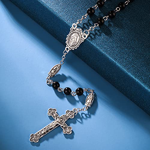Rnivida Catholic 6MM Beads Rosary Necklace with Jesus Crucifix - color: Black