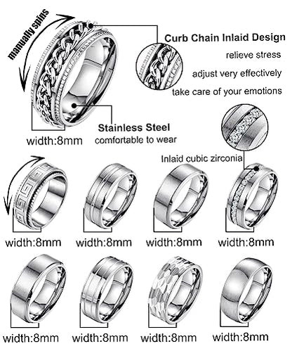 9Pcs 8MM Stainless Steel Band Rings for Men Women Chain Rings Simple Brushed Wedding Engagement Rings Set 7-13 - color: silver