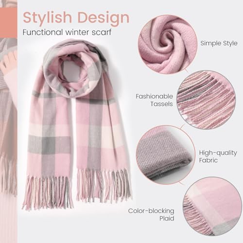 Clothirily Womens Winter Scarf, Oversized Long Blanket Plaid Shawl Wrap - color: Pink Grey Lattice