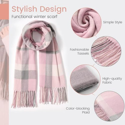 Clothirily Womens Winter Scarf, Oversized Long Blanket Plaid Shawl Wrap - color: Pink Grey Lattice