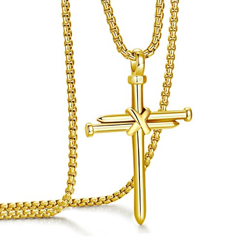 Men's Stainless Steel Nail Cross Pendant Necklace With 24 Inch Chain - color: Gold