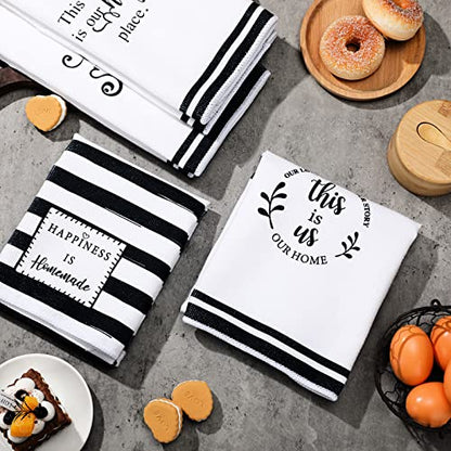 Honoson 4 Pack Black Stripe Kitchen Towels with Home Sweet Home Print - color: White, style: Stripe Style