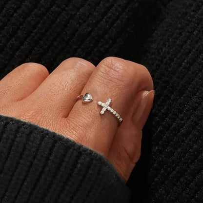 ZDIFDIC Cross Rings for Teen Girls Silver/Gold Heart Ring Cubic Zirconia Adjustable Ring Inspirational Pray Cross Heart Religious Christian Faith Jewelry Gifts for Her(Silver)8# - color: silver 8#