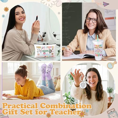 Funnymoom 24 Pcs Back to School Teacher Appreciation Gift from Students 2026 Thank You Gifts Bulk Pastel 24 oz Inspirational Plastic Tumbler Cup Makeup Cosmetic Bag Crew Sock Keychain for Retirement - style: Bright Teacher