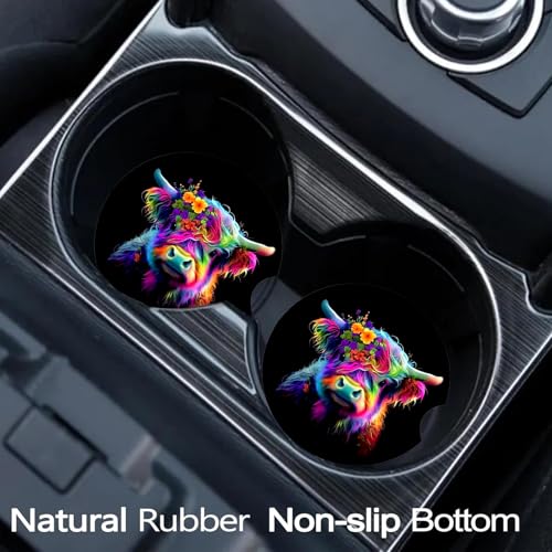 2 Pack Highland Cow Car Cup Holder Coasters Universal Neoprene Coasters - color: Colour Cow