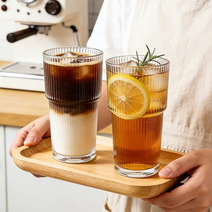Accguan 2Pack 20oz Ribbed Glass Tumblers with Lids and Straws, Smoothie Cup - size: 18oz without handle-2pcs