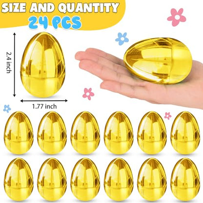 24 Pack Gold Easter Eggs Empty 2.4 Inch Metallic Plastic Fillable Easter Eggs, Shiny Golden Surprise Eggs for Easter Egg Hunt, Candy Treats Toys, Basket Stuffers, Classroom Prize Supplies - style: 24 PCS 2.4 Inch Golden Eggs