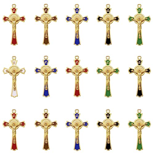 12Pcs 6Colors Crystal Rhinestone Cross Charms Alloy Enamel Saint Benedict Medal INRI Crucifix Pendants for Catholic Jewelry Necklace Bracelet Earring Keychain Making DIY Idea Handmade