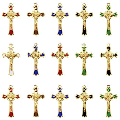 12Pcs 6Colors Crystal Rhinestone Cross Charms Alloy Enamel Saint Benedict Medal INRI Crucifix Pendants for Catholic Jewelry Necklace Bracelet Earring Keychain Making DIY Idea Handmade