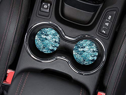 , Mermaid Scales Blue Wave Design Absorbent ROUND Fabric Felt Neoprene Car Coasters for Drinks, 2pcs Set - color: Mermaid Scales Blue Wave