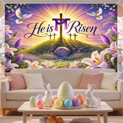 IVN He Is Risen Easter Banner 71x43 Inch Christian Resurrection Cross Lily - color: He Is Risen Cross Sunrise Christian Easter