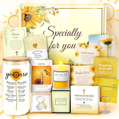 13PCS Christian Gifts For Women Faith -Inspirational Religious Birthday Gifts,Sunshine Box Spiritual Baptism Baskets for Her, Mom,Grandma,Wife,Mothers,Friend, Sister Birthday Valentine's Day Gift - color: Sunflower