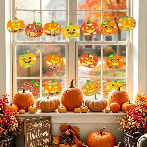 32 Pcs Pumpkin Halloween Fall Crafts for Kids DIY Jesus Cross Hanging Ornaments Decorations Pumpkin Stickers Kit with Ribbons for Thanksgiving Religious Christian Party Favors Sunday School Activities