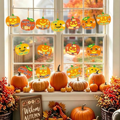 32 Pcs Pumpkin Halloween Fall Crafts for Kids DIY Jesus Cross Hanging Ornaments Decorations Pumpkin Stickers Kit with Ribbons for Thanksgiving Religious Christian Party Favors Sunday School Activities