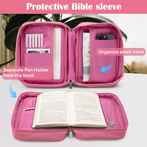 Small Bible Cover Case for Women and Men, 9x6 PU Leather Bible Sleeve, Compact Travel Bible Carrier Bag with Front Pen Holders, Zipper Closure, Inner Pockets - Hot Pink - color: Hot Pink, size: 9''x6.5''