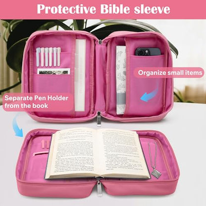 Small Bible Cover Case for Women and Men, 9x6 PU Leather Bible Sleeve, Compact Travel Bible Carrier Bag with Front Pen Holders, Zipper Closure, Inner Pockets - Hot Pink - color: Hot Pink, size: 9''x6.5''
